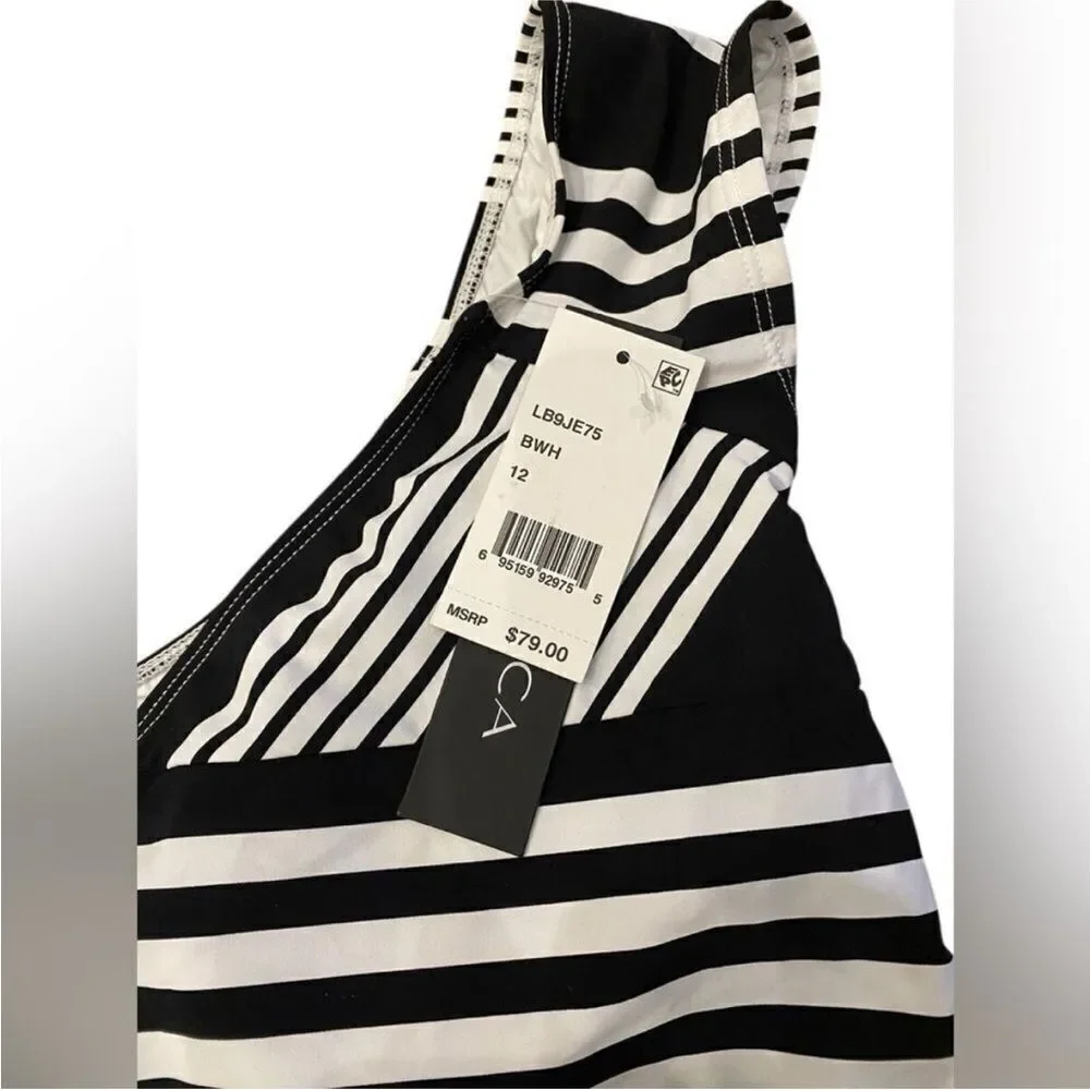 La Blanca NWT Off Shoulder Cap Sleeve Hipster Bikini Swimsuit Black/White 12